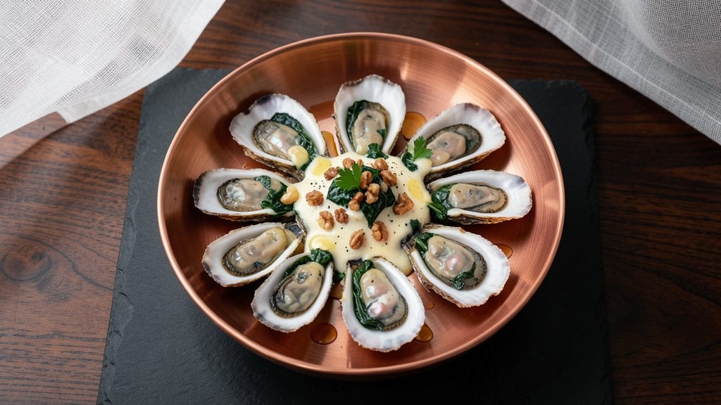 Oysters Rockefeller: Baked Spinach-Walnut Topping With Golden Crisp